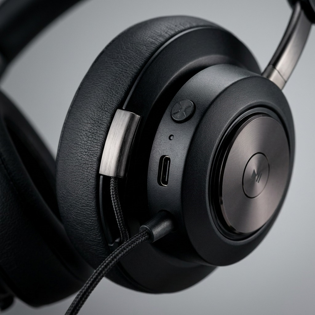 Detail macro photograph of the Kensington H3000 headset control buttons, boom microphone base, and charging port.