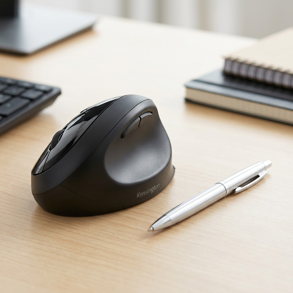 Kensington Pro Fit Ergo Wireless Mouse in black with a USB receiver and ergonomic handshake grip.