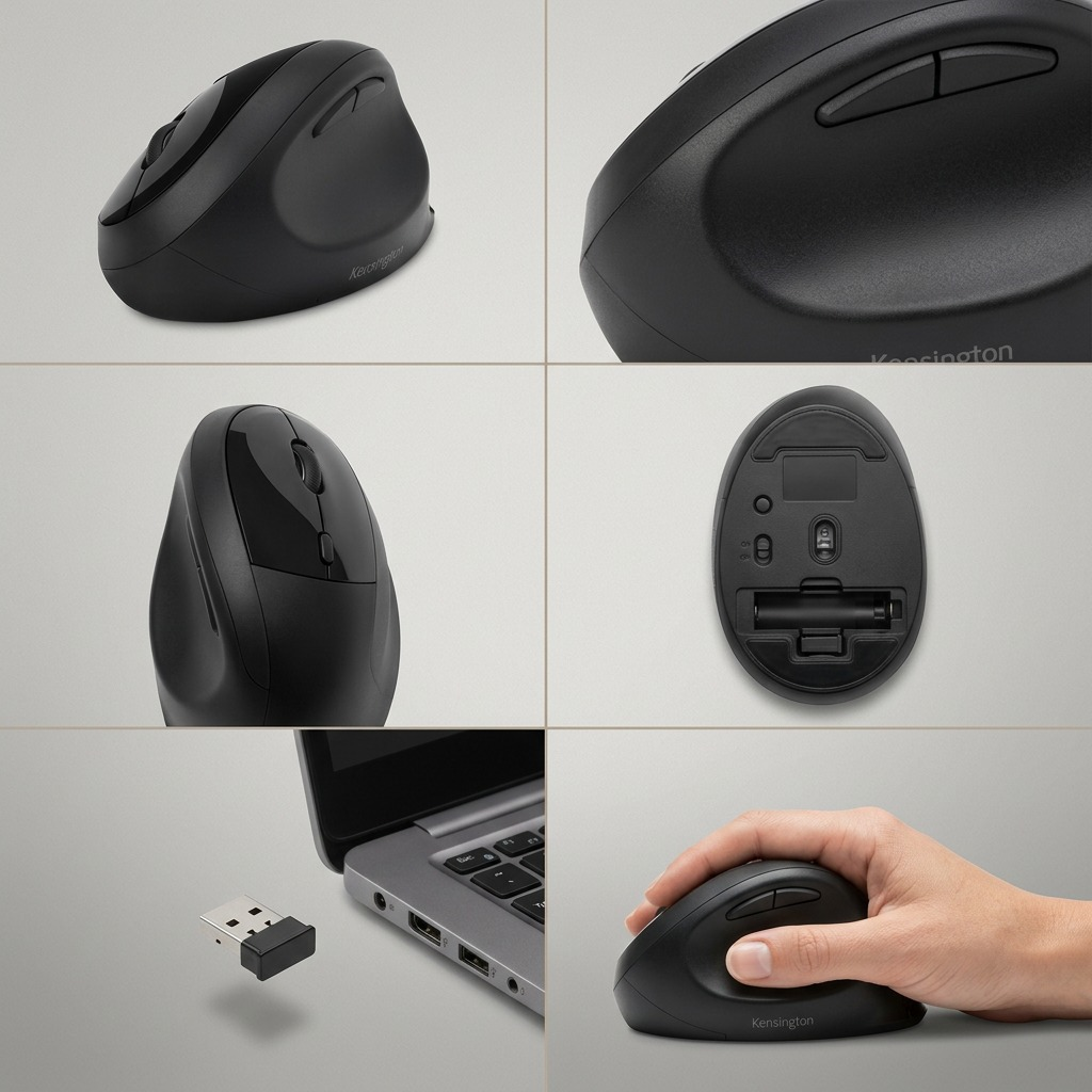 Grid showing Kensington Pro Fit Ergo Wireless Mouse from several angles, hand grip, and USB receiver.