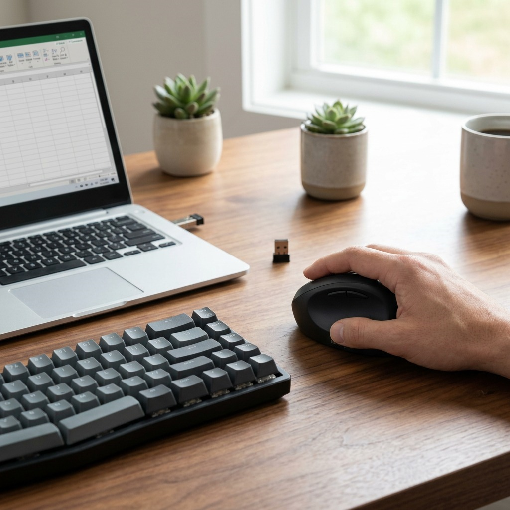 Person using the Kensington Pro Fit Ergo Wireless Mouse on a wooden desk with a laptop and keyboard.