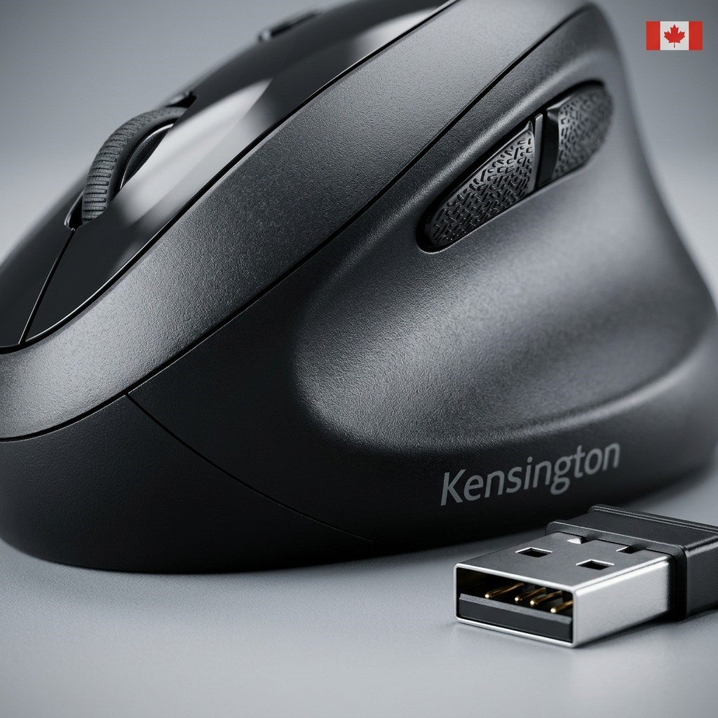 Macro detail of black Kensington Pro Fit Ergo Wireless Mouse, scroll wheel, and USB receiver.