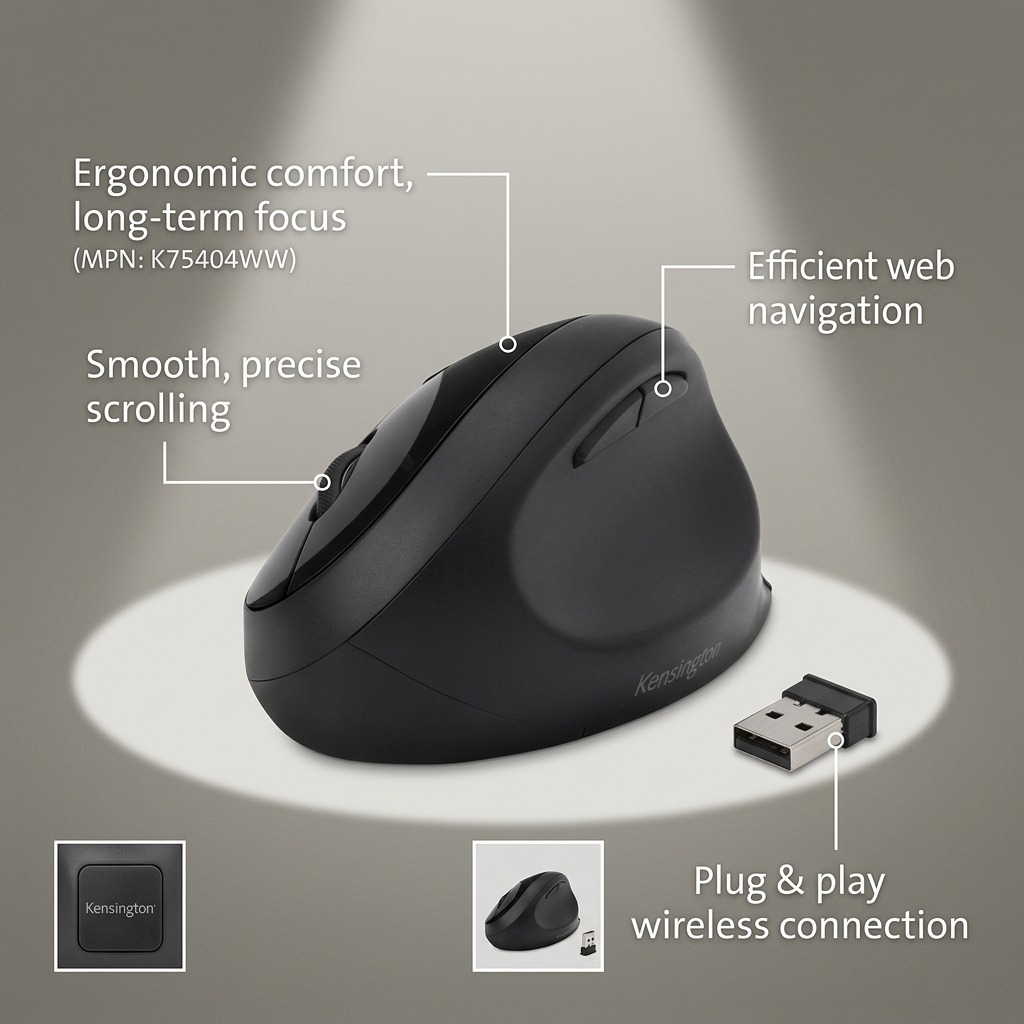 Kensington Pro Fit Ergo Wireless Mouse highlighting ergonomic design, scrolling, and USB receiver.
