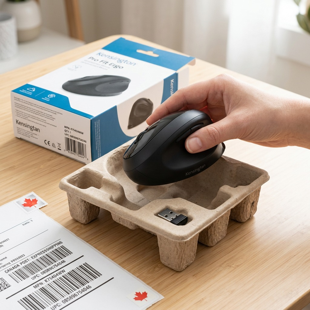 A hand lifts a Kensington Pro Fit Ergo Wireless Mouse from its protective unboxing mold.