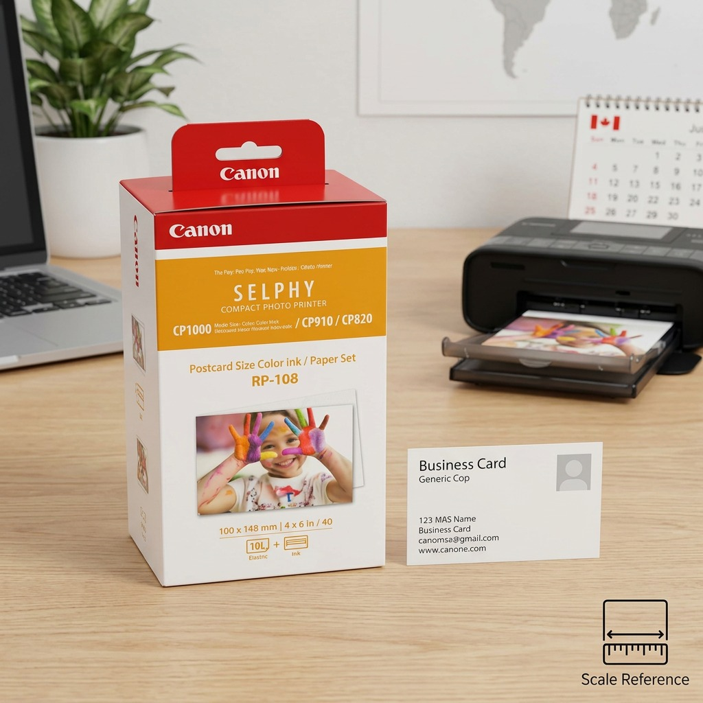 Ultra-pure high-resolution studio hero photograph of Canon Selphy RP-108 Ink & Paper Set.