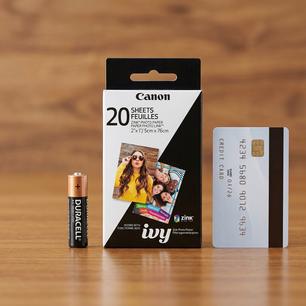 Paquet de papier photo Canon ZINK près d’une pile AA et d’une carte pour montrer les dimensions.