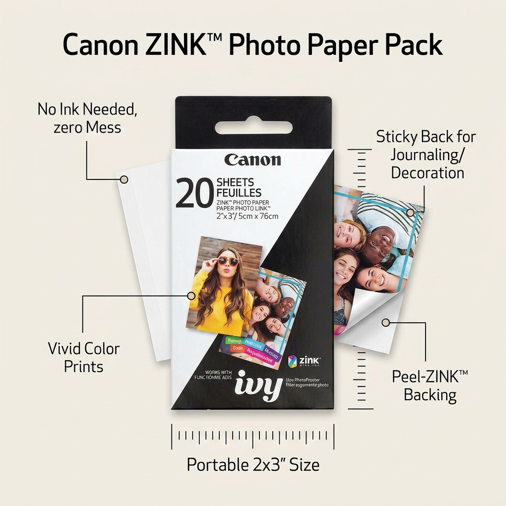 Canon ZINK – Papier photo 2 x 3 po, paquet de 20 feuilles – 3214C001