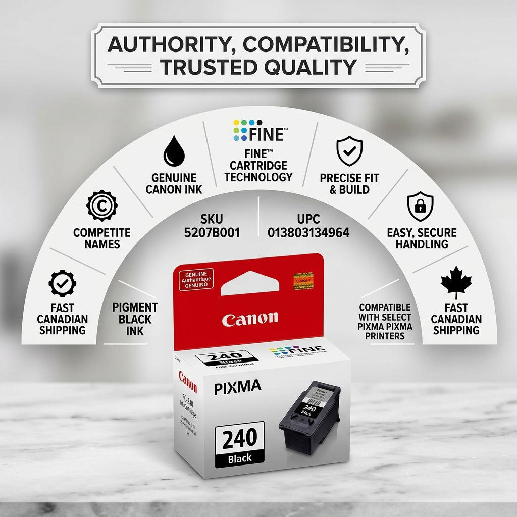 Infographie de la cartouche noire Canon PG-240 avec renseignements sur le produit et la livraison au Canada.