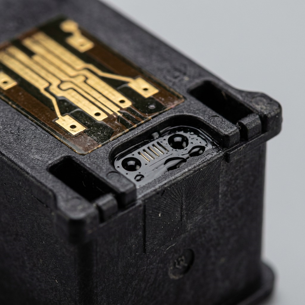 Gros plan sur la tête d’impression et les contacts électriques de la cartouche noire Canon PG-240.