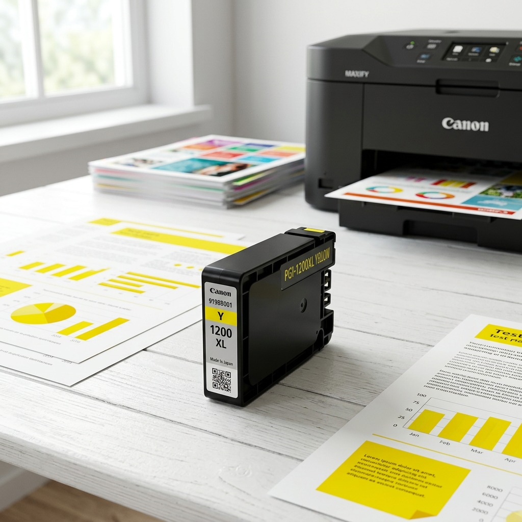 Cartouche d’encre jaune haute capacité Canon MAXIFY PGI-1200XL près de pages imprimées en couleur.