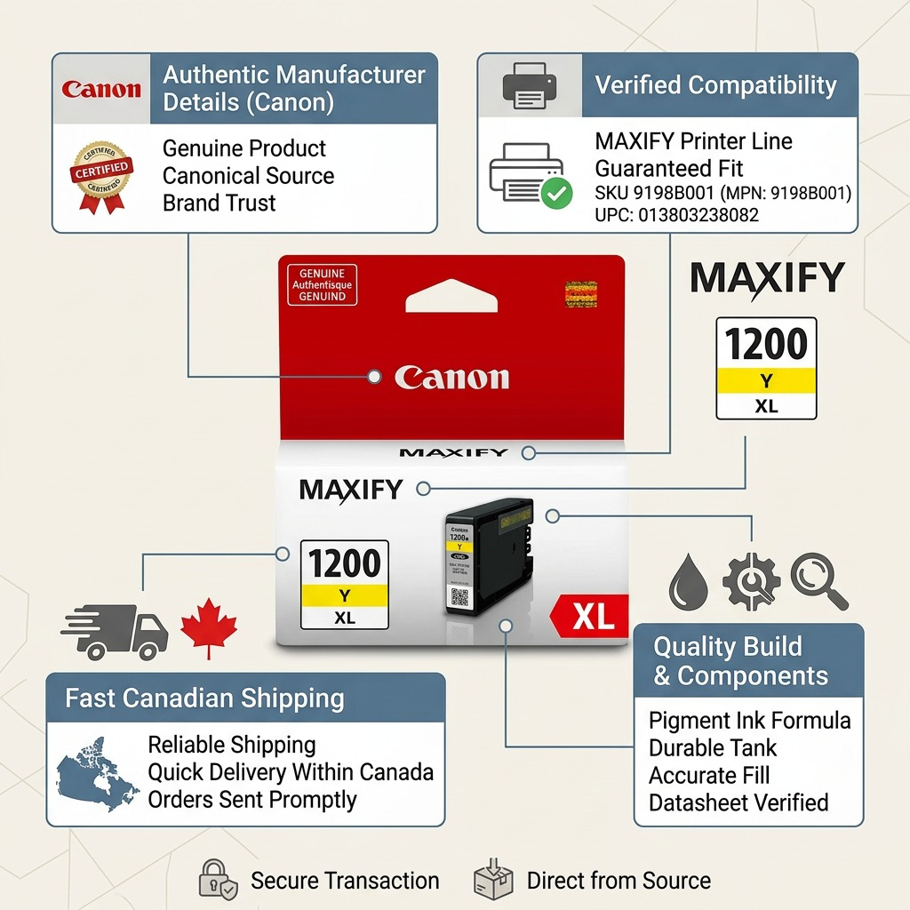 Infographie de la cartouche jaune Canon PGI-1200XL et des informations de livraison au Canada.