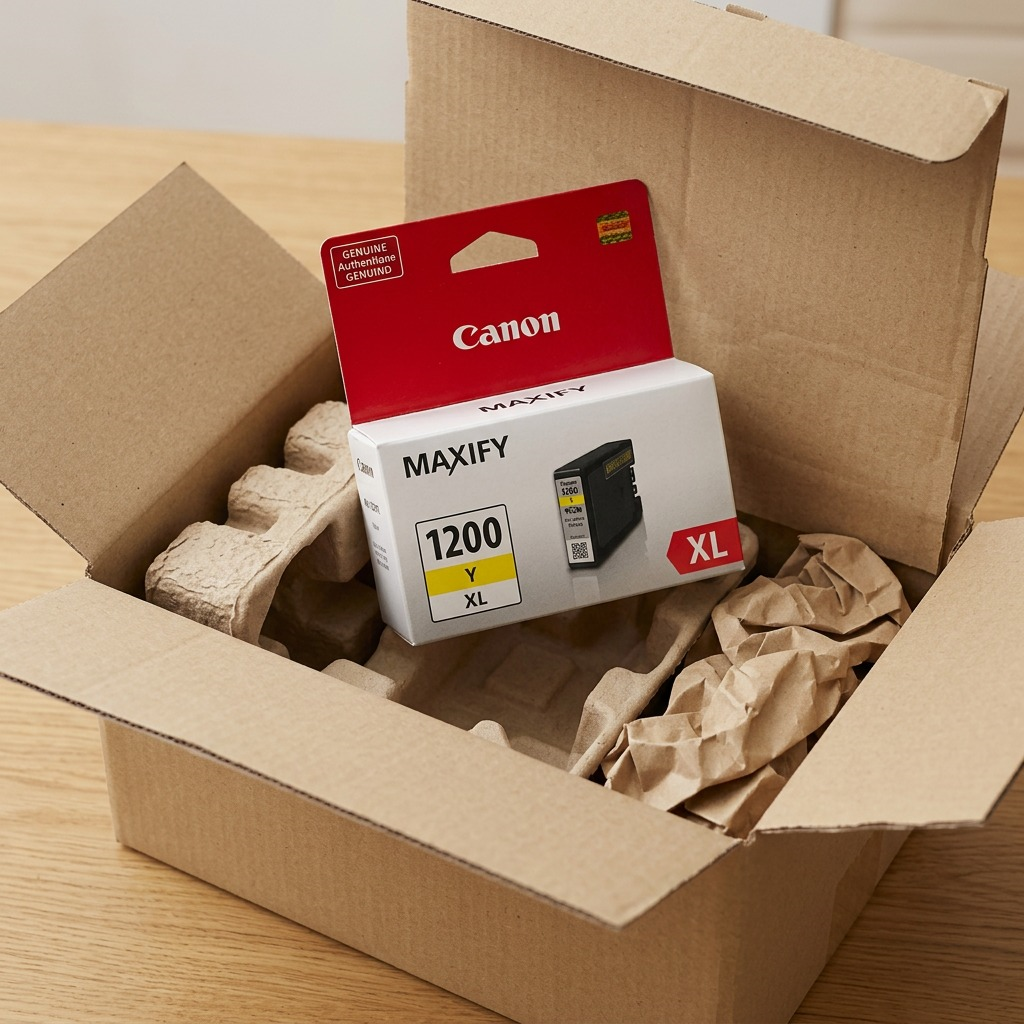 Réservoir d’encre jaune Canon PGI-1200XL présenté avec son emballage de protection.