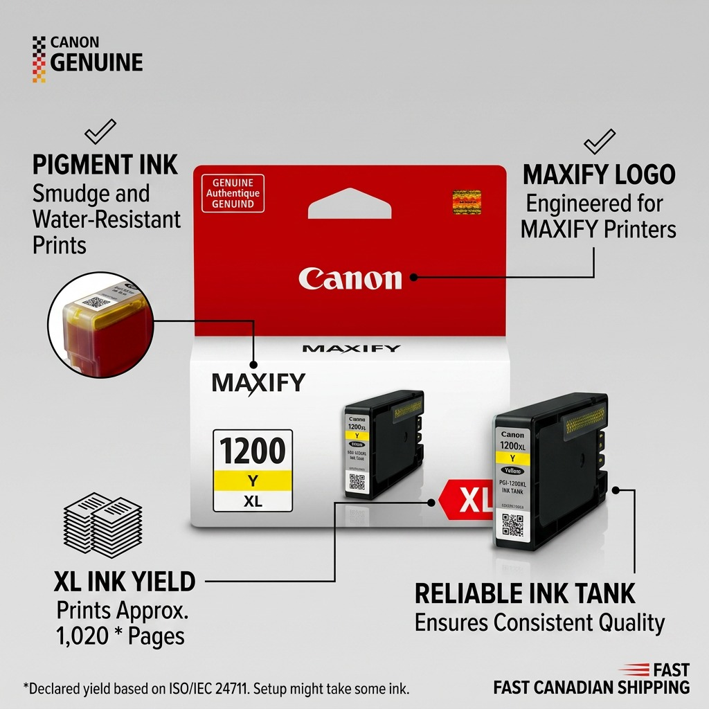 Infographie de la cartouche jaune Canon PGI-1200XL, encre pigmentée et haute capacité.