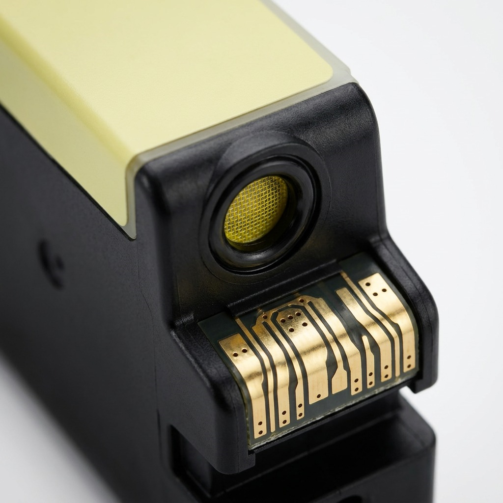 Gros plan sur les contacts et la sortie d’encre du réservoir jaune Canon PGI-1200XL.