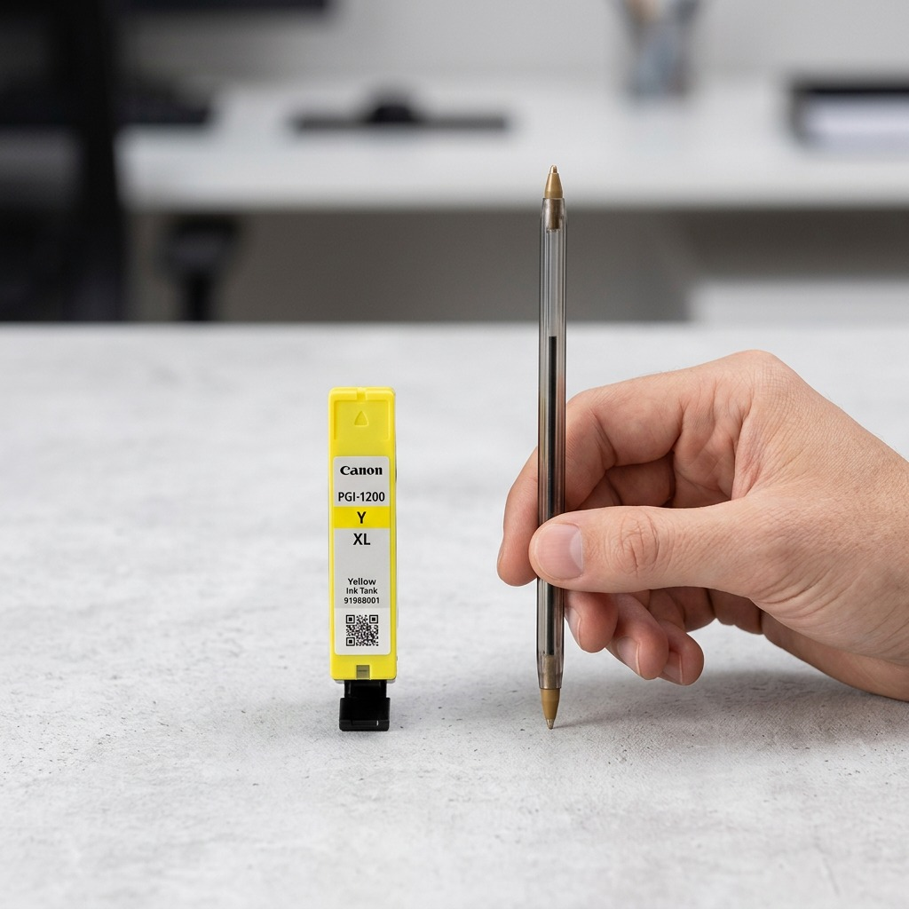 Réservoir d’encre jaune Canon PGI-1200XL sur un bureau à côté d’un stylo.