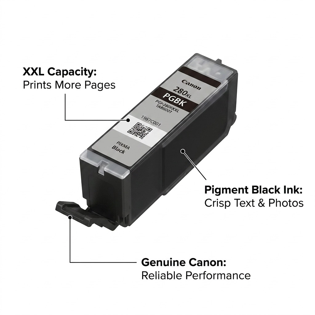 Illustration annotée de la cartouche noire Canon PGI-280XXL et de sa capacité XXL.