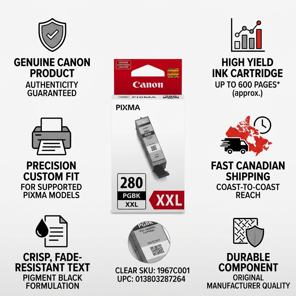 Infographie des caractéristiques et de la livraison de la cartouche noire Canon PGI-280XXL.