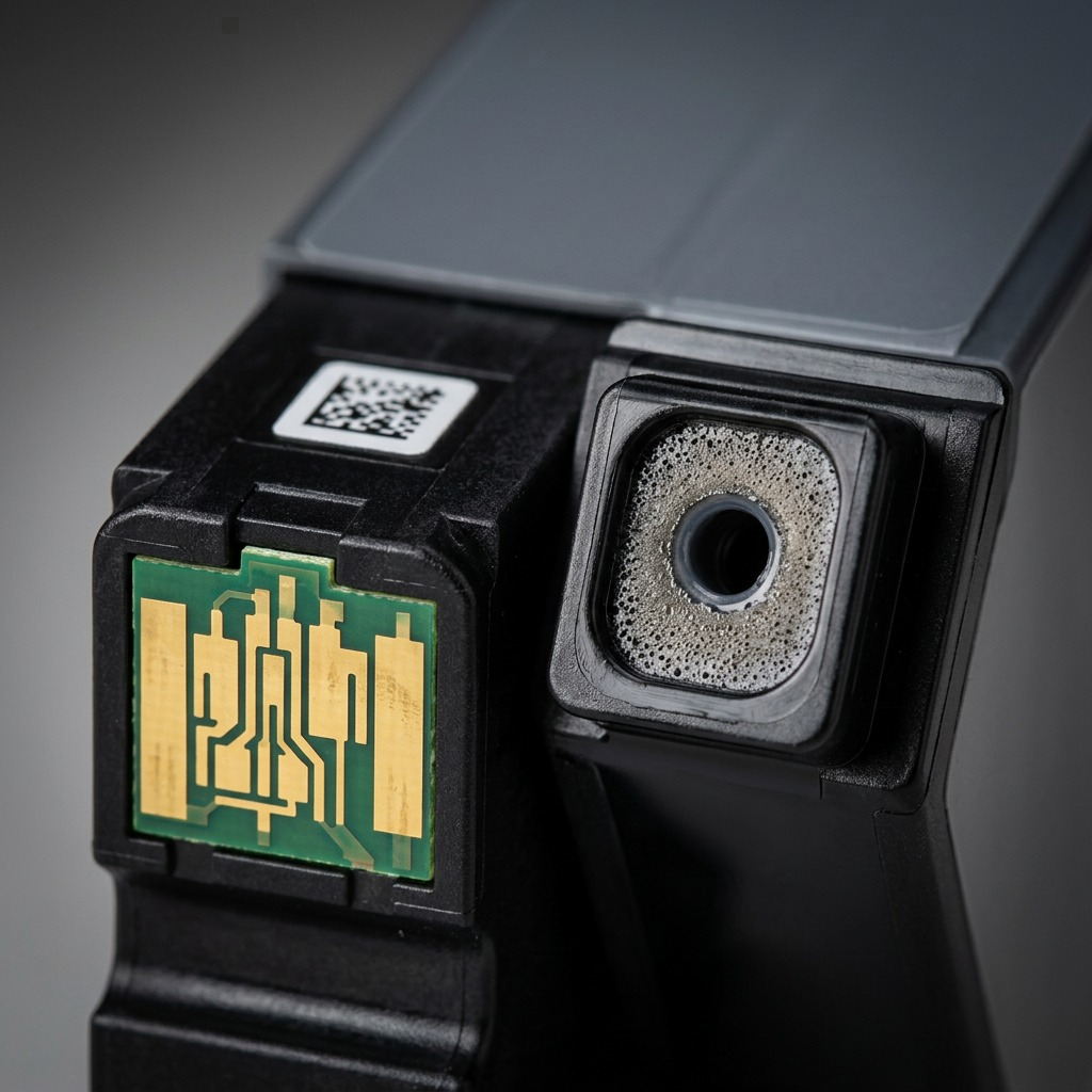 Gros plan sur les contacts et le raccord d’encre de la cartouche Canon PGI-280XXL.