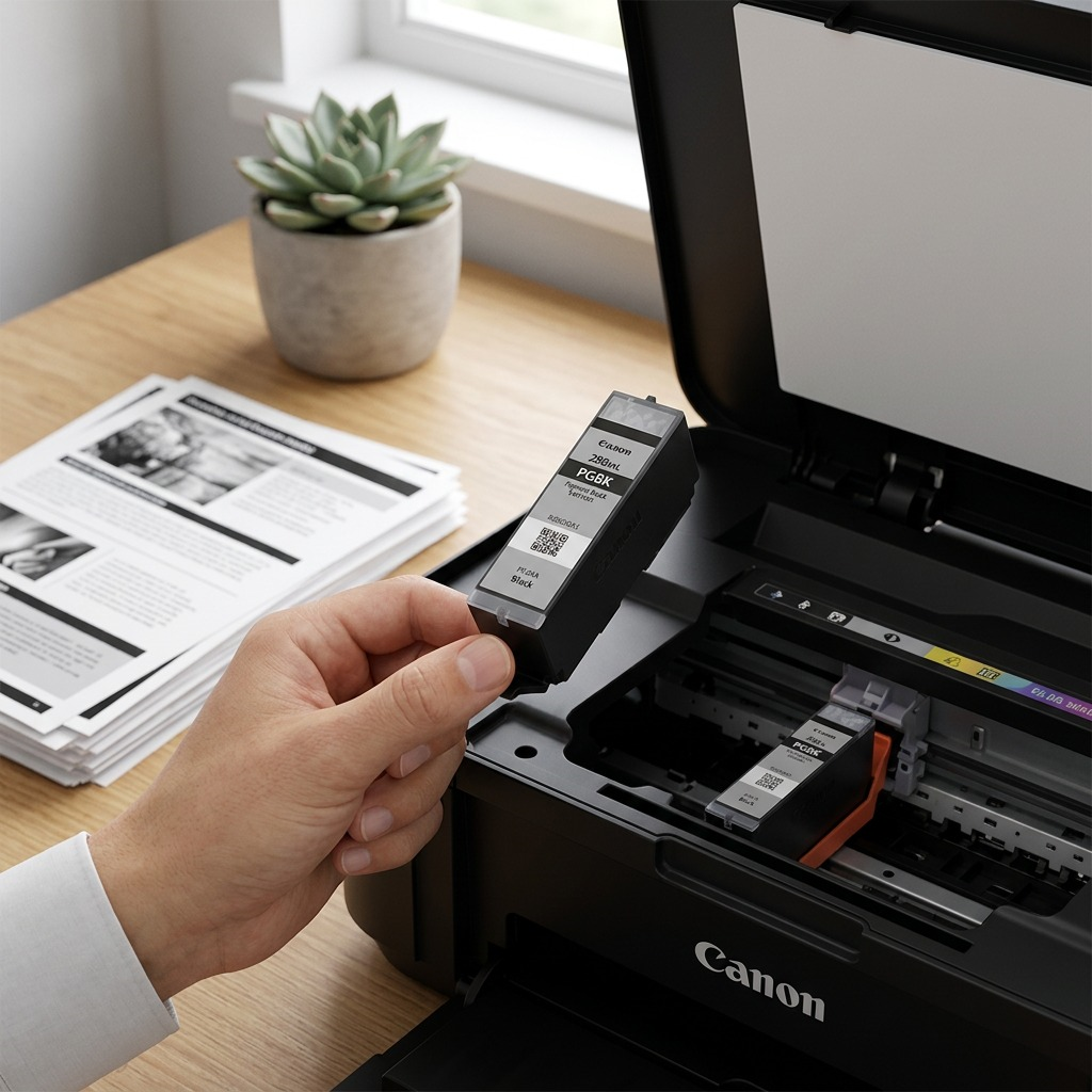 Cartouche Canon PGI-280XXL noire tenue au-dessus de son logement dans une imprimante PIXMA.