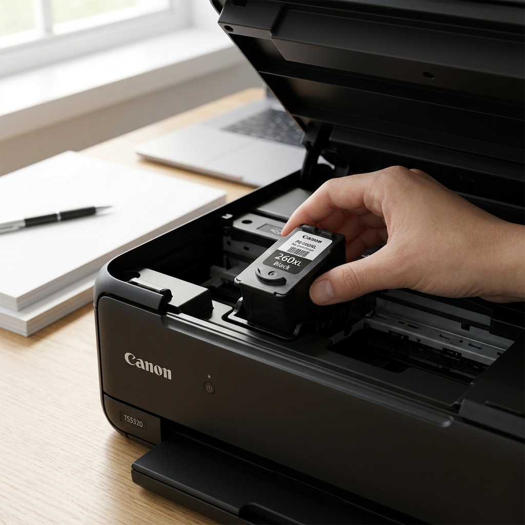 Cartouche noire Canon PG-260XL installée dans une imprimante PIXMA TS5320.