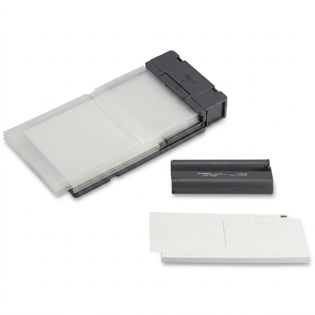 Ensemble Canon KP-36IP de papier photo et ruban d’encre sur fond blanc.