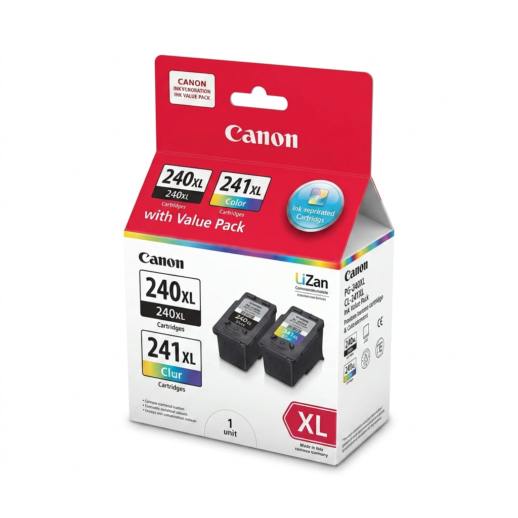 Ensemble de cartouches Canon PG-240XL noire et CL-241XL couleur sur fond blanc.
