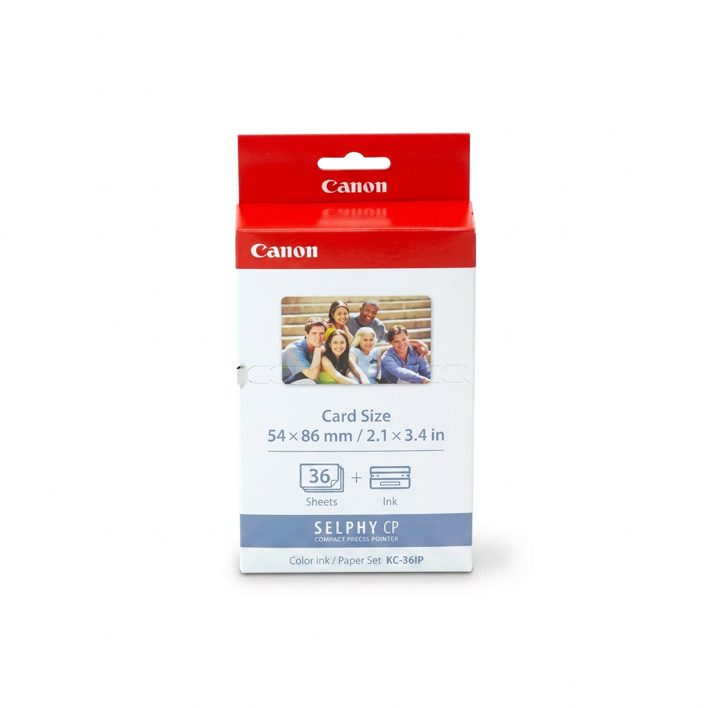 Boîte Canon SELPHY KC-36IP d’encre et de papier photo format carte sur fond blanc.