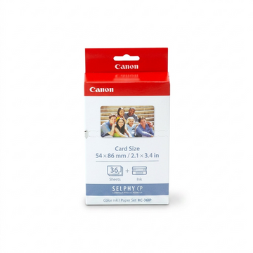 Boîte Canon SELPHY KC-36IP d’encre et de papier photo format carte sur fond blanc.