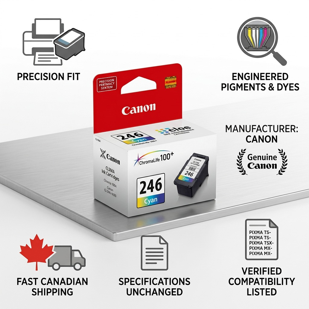 Infographie de la cartouche Canon CL-246 présentant ses caractéristiques et la livraison au Canada.