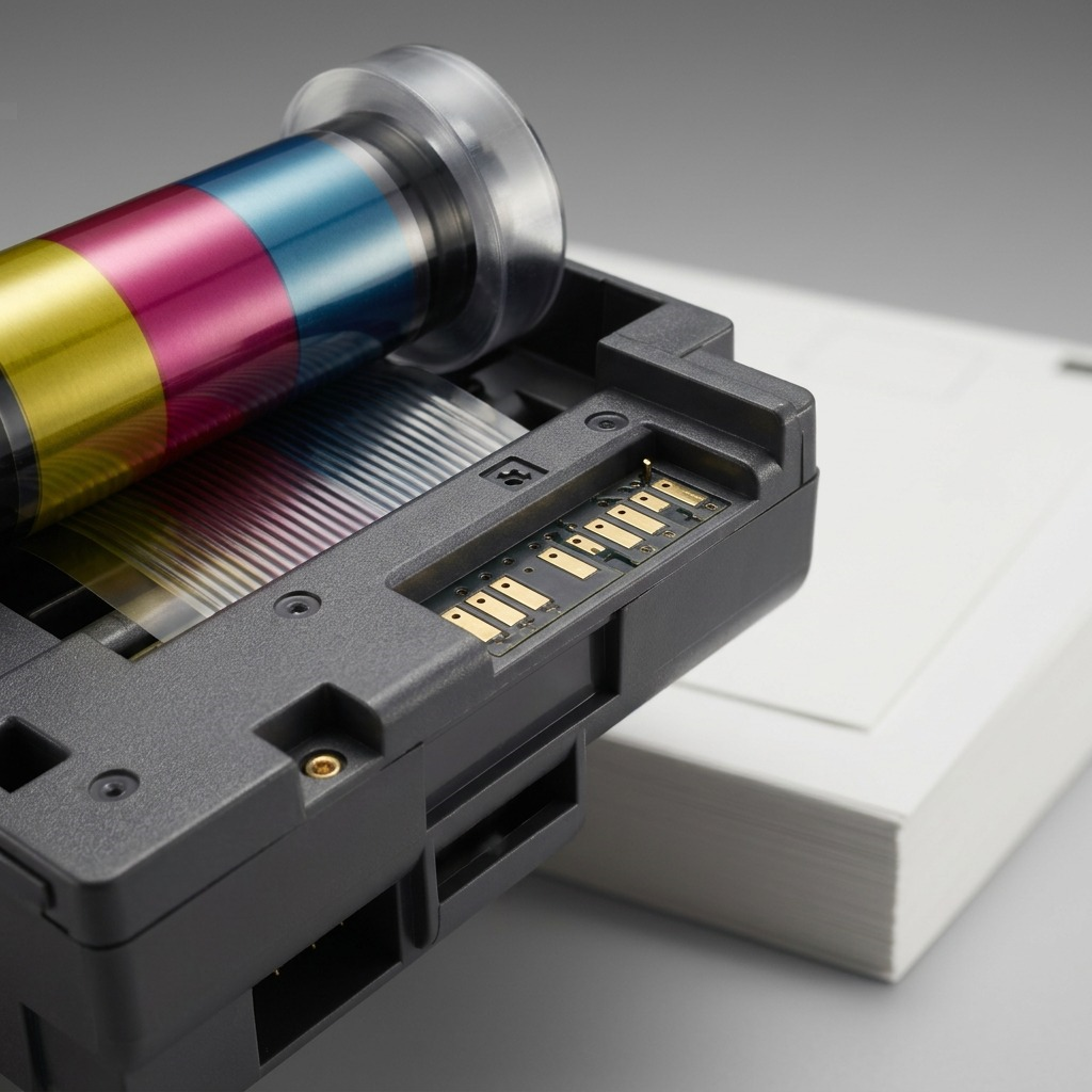 Gros plan sur une cassette de ruban d’encre thermique pour imprimante photo Canon SELPHY.
