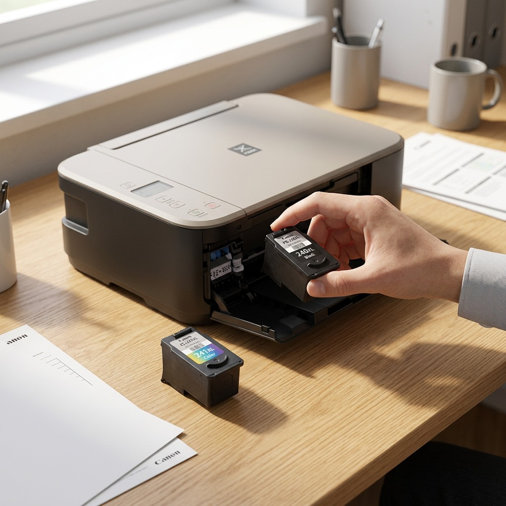 Imprimante PIXMA sur un bureau avec cartouches d’encre noire et couleur Canon.