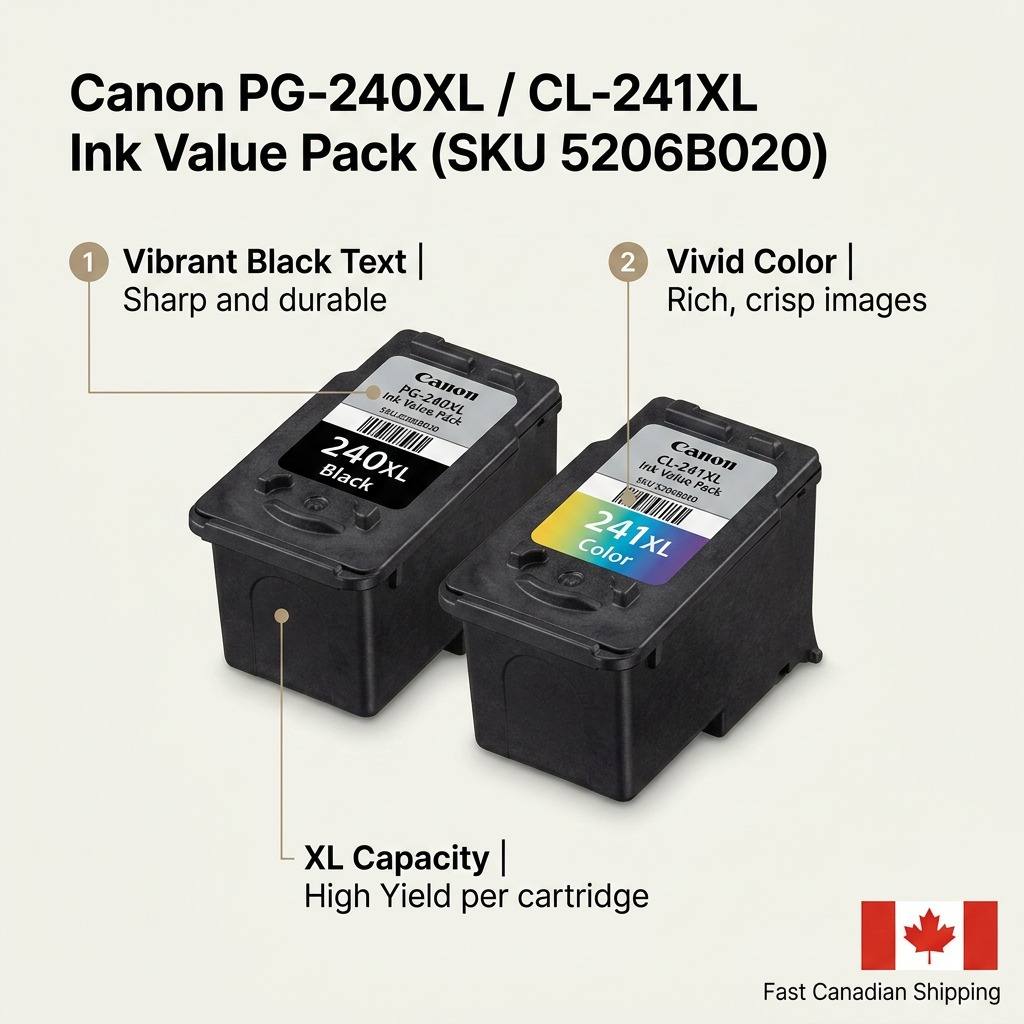 Infographie des caractéristiques des cartouches Canon PG-240XL et CL-241XL.