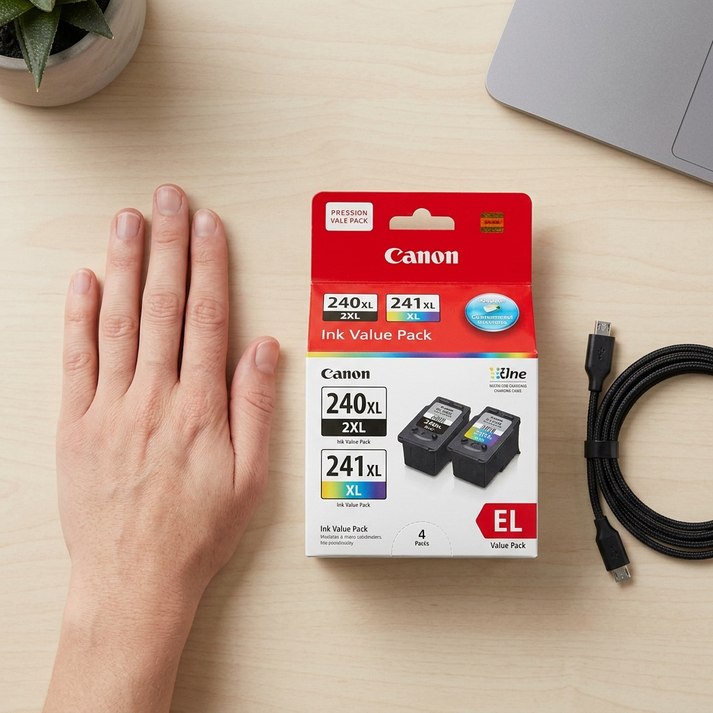 Boîte des cartouches Canon PG-240XL et CL-241XL sur un bureau près d’une main pour illustrer son format.