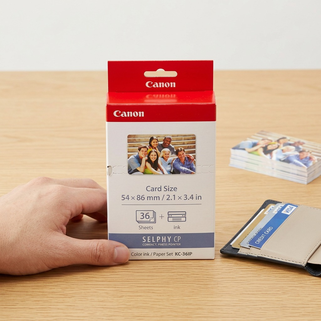 A high-resolution, centered view of the Canon SELPHY KC-36IP Color Ink & Paper Set box against a pure white background with a subtle shadow.