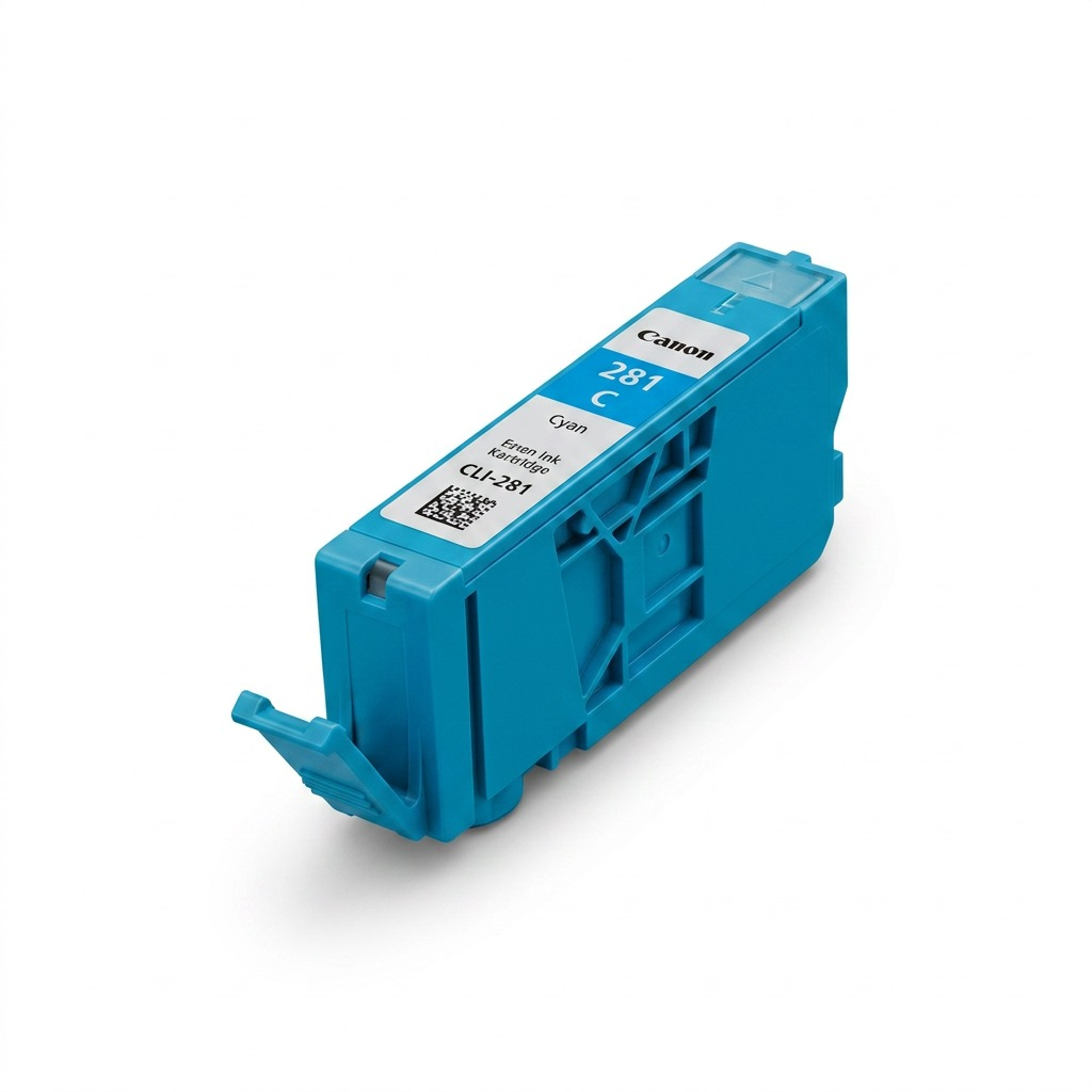 Cartouche d’encre cyan Canon CLI-281C sur fond blanc, sans emballage.