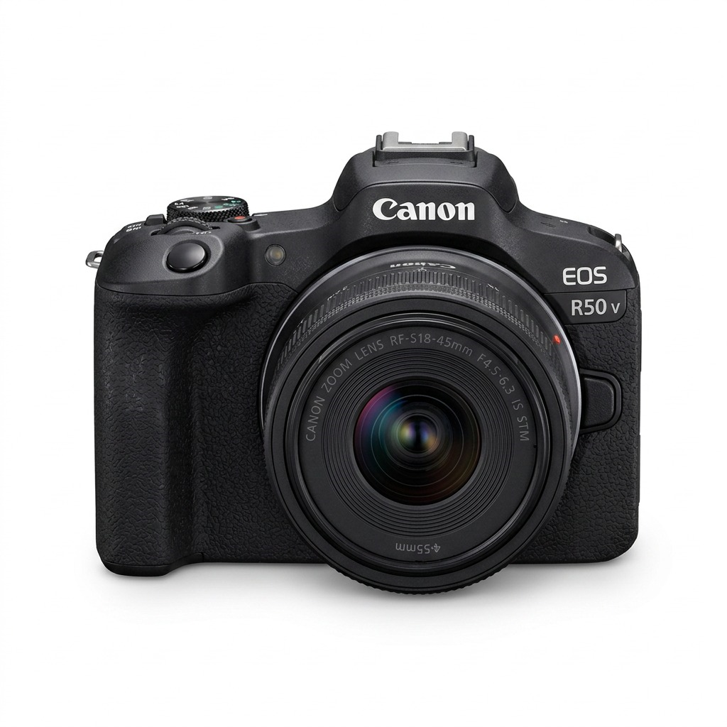 A high-resolution product image of the black Canon EOS R50 camera with RF-S18-45mm lens, centered against a pure white background.