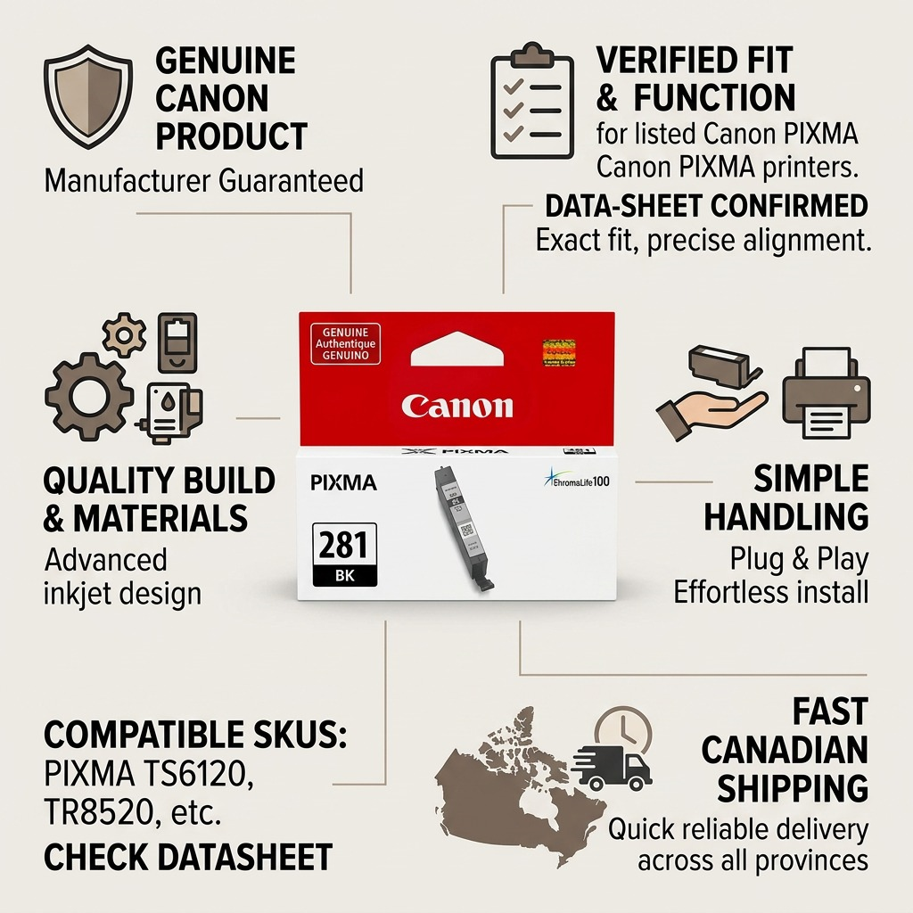Infographie de la cartouche noire Canon CLI-281 et de la livraison au Canada.