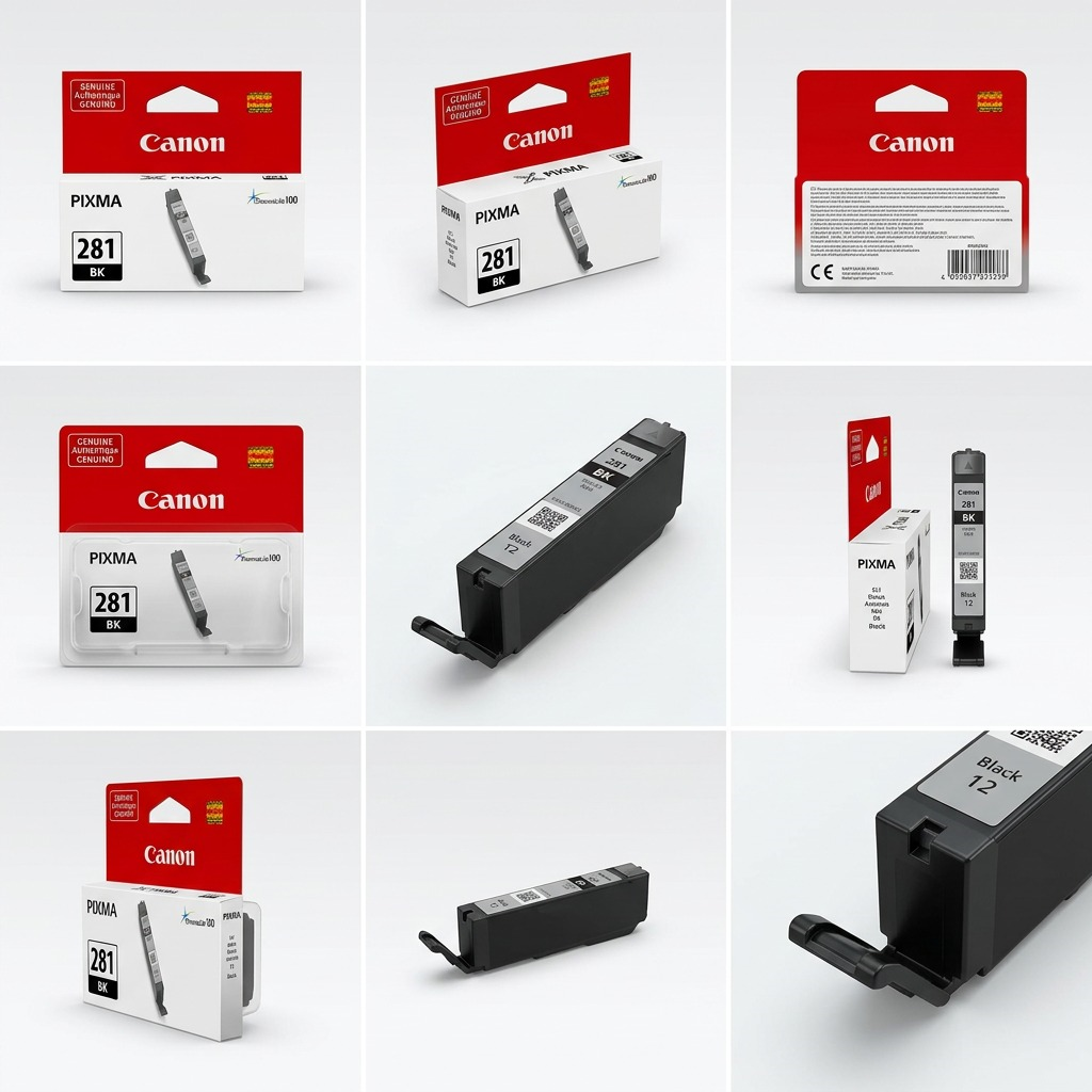 Présentation sous six angles de cartouches d’encre de la série Canon CLI-281.