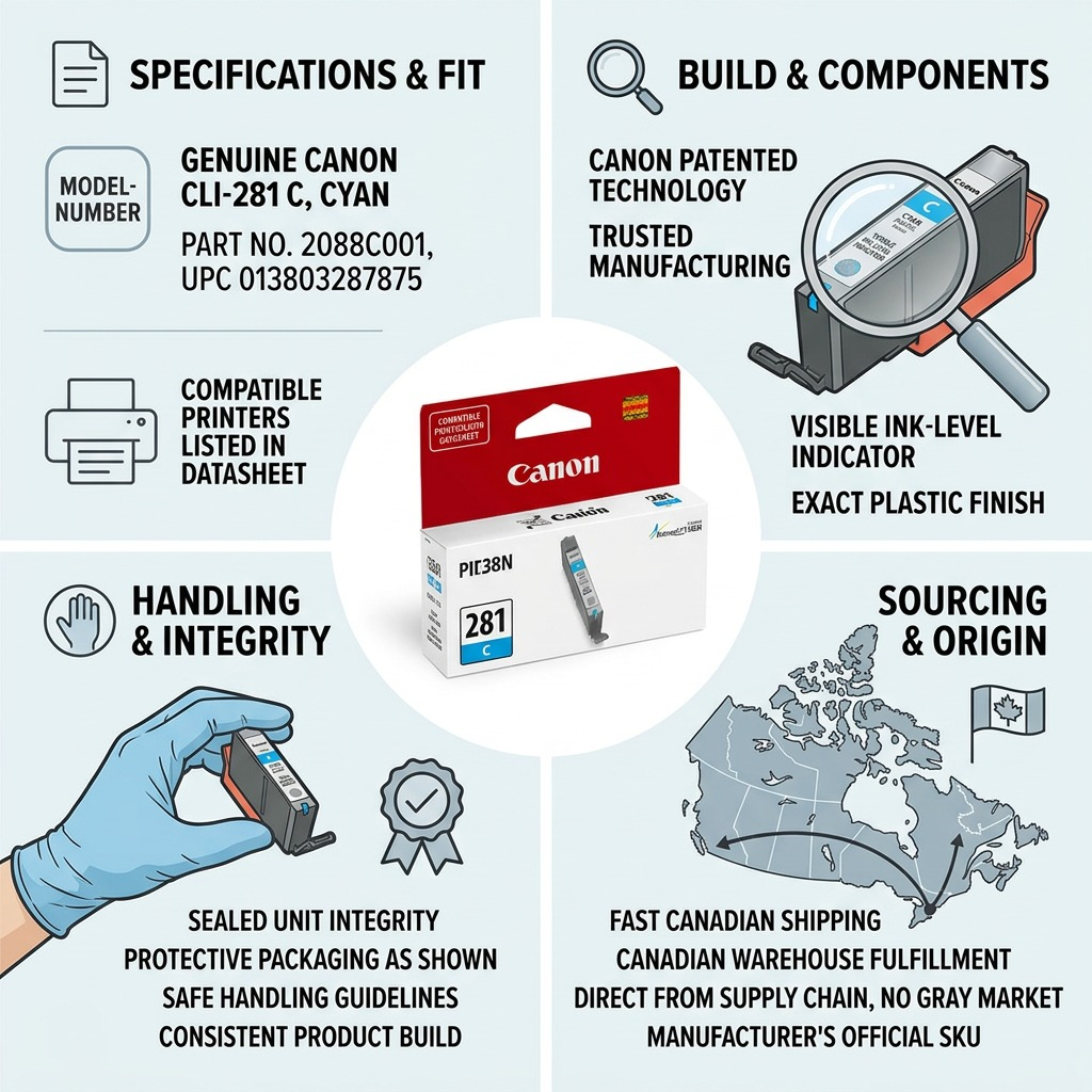 Infographie de la cartouche cyan Canon CLI-281 avec caractéristiques et livraison au Canada.