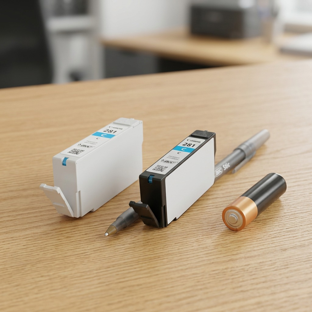 Cartouche cyan Canon CLI-281C à côté d’un stylo et d’une pile AA pour illustrer sa taille.