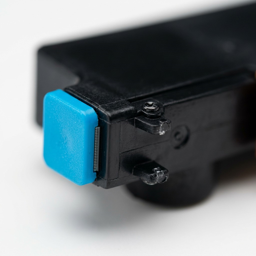 Gros plan sur une extrémité de la cartouche cyan Canon CLI-281XL avec son capuchon orange.