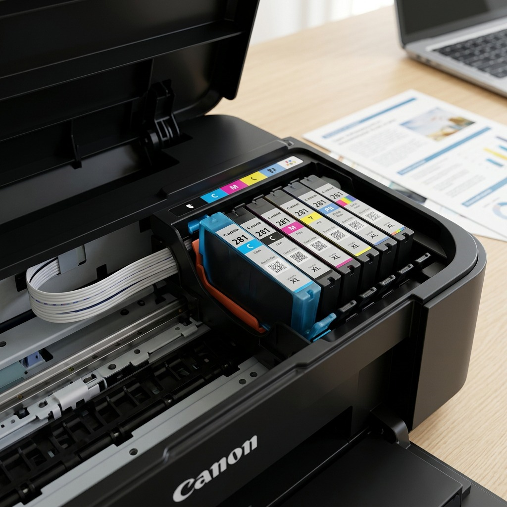 Cartouche cyan Canon CLI-281XL placée dans le support d’encre d’une imprimante PIXMA.