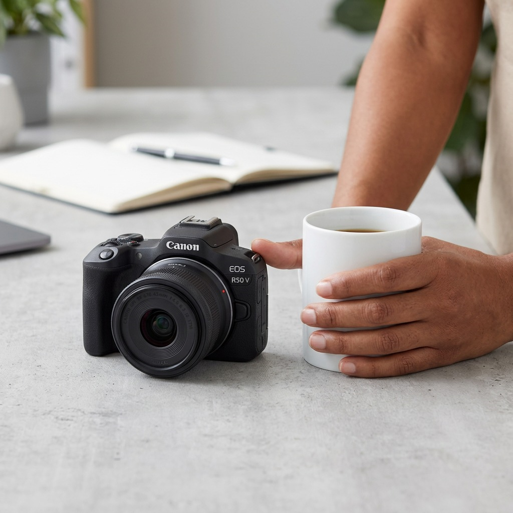 A high-resolution product image of the black Canon EOS R50 camera with RF-S18-45mm lens, centered against a pure white background.