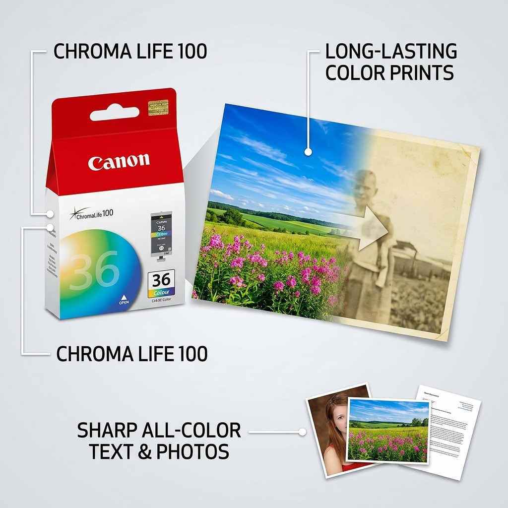 A high-resolution, centered flat-lay photo of a single Canon CLI-36 Color ink cartridge with precise markings.