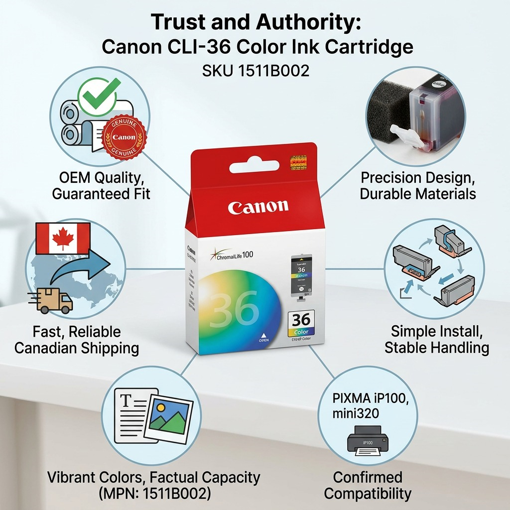 Infographie de la cartouche couleur Canon CLI-36 et de ses caractéristiques.