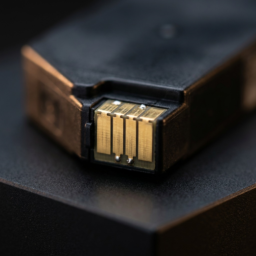 Gros plan sur les contacts métalliques de la cartouche noire Canon PGI-280XL.