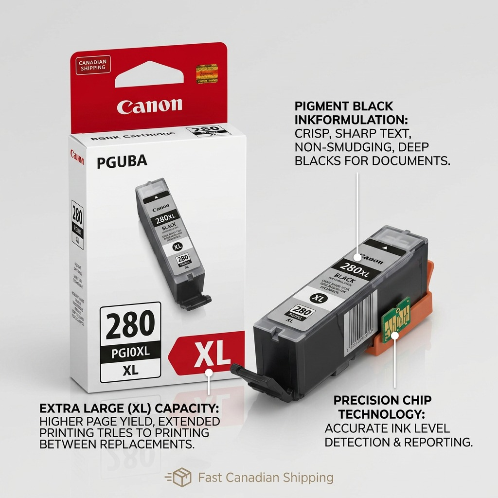 Infographie des caractéristiques de la cartouche noire Canon PGI-280XL et de sa capacité XL.
