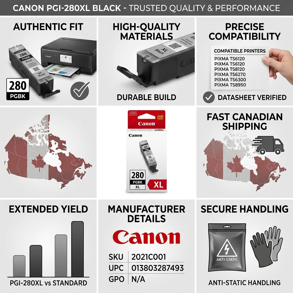 Infographie de la cartouche Canon PGI-280XL avec informations produit et pictogrammes.