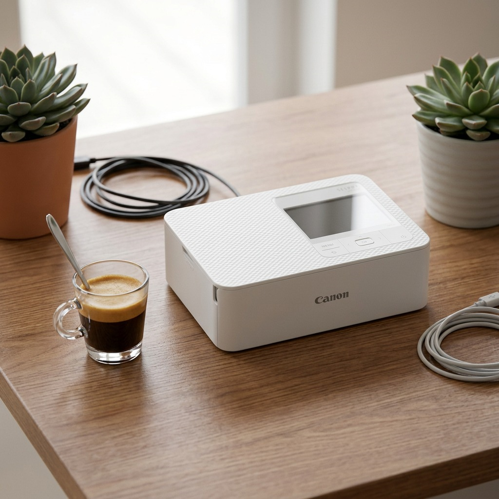 Pure hero shot of a white Canon SELPHY CP1500 compact photo printer on a white background.