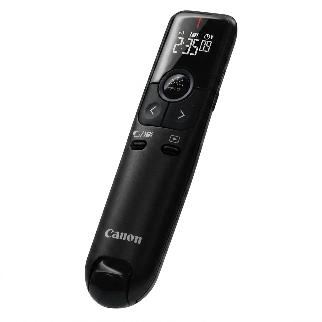 Télécommande de présentation noire Canon PR100-R-BK sur fond blanc.