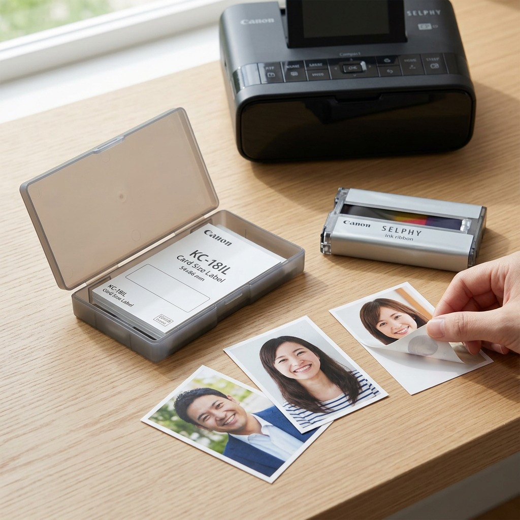 Pure high-resolution hero shot of 'Canon Ink & Label Set KC-18IL (Card Size)' (MPN: 7740A001, UPC: 013803013030) - Pure white background.